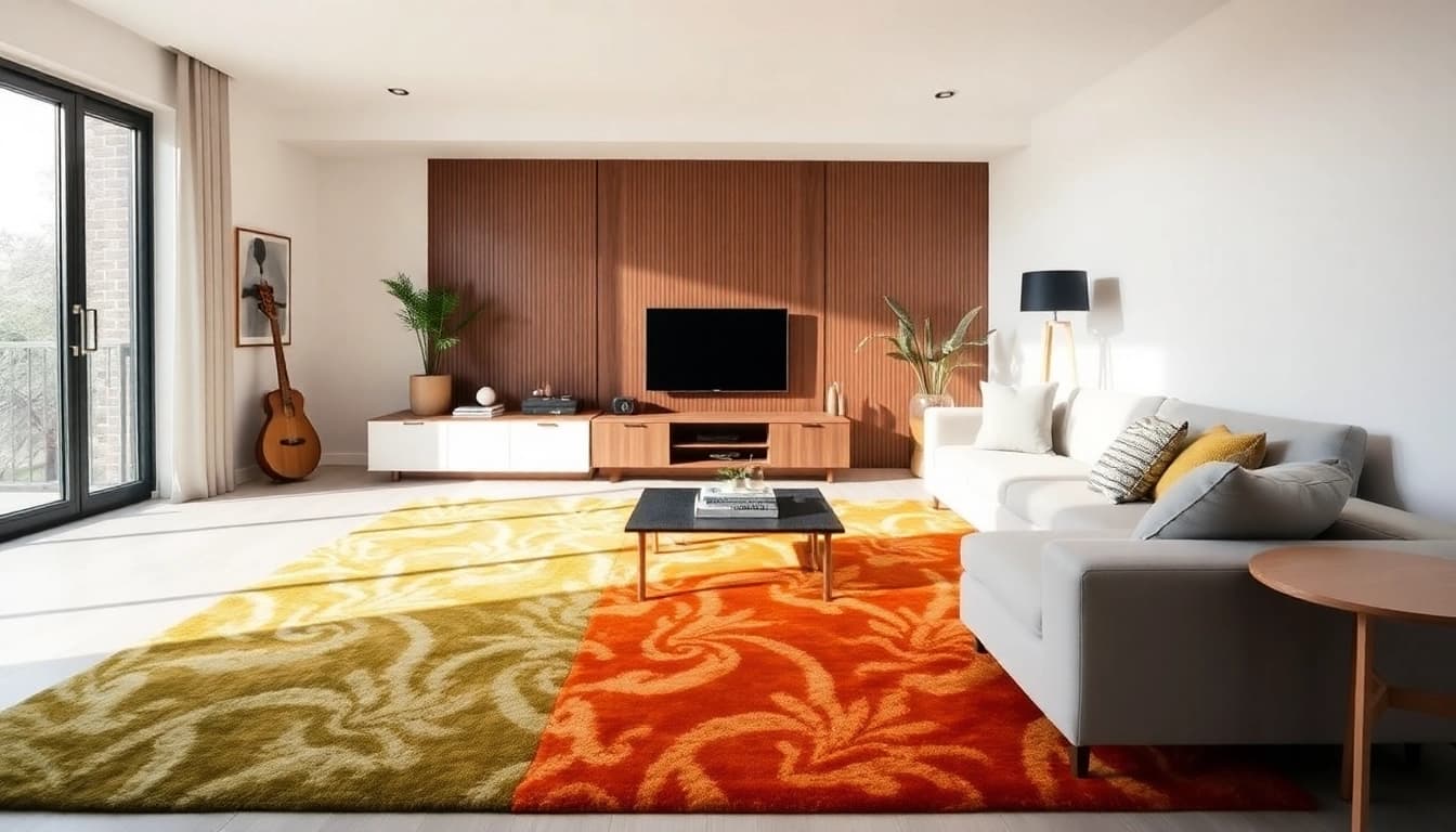 Showcase tappeti moderni Milano featuring vibrant colors and contemporary styles in a stylish living room.