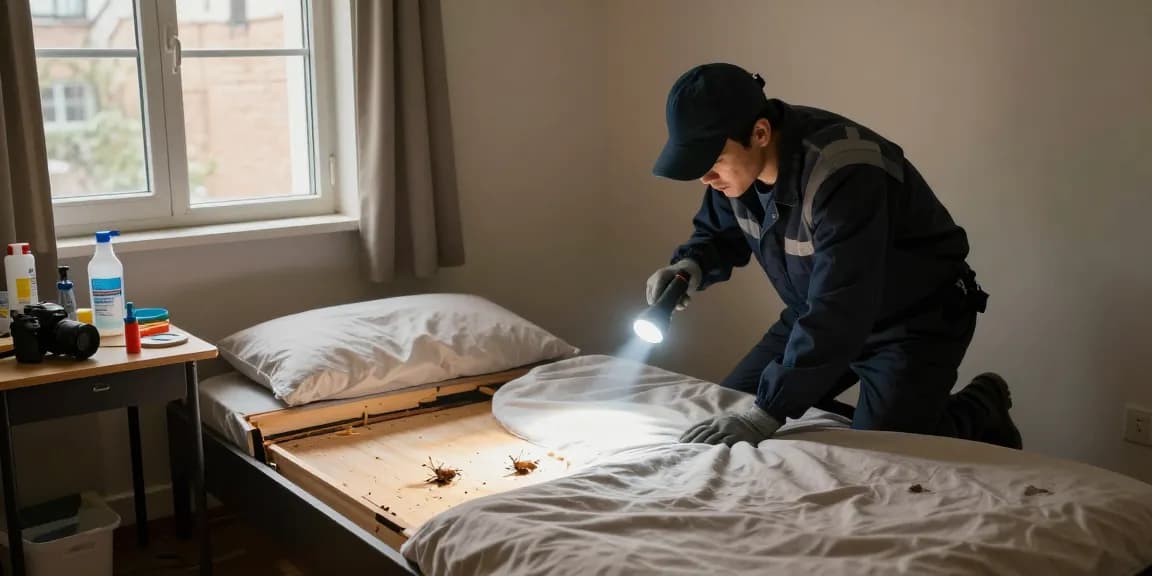 Exterminator inspecting for bed bugs as part of bed bug pest control service in a residential bedroom.