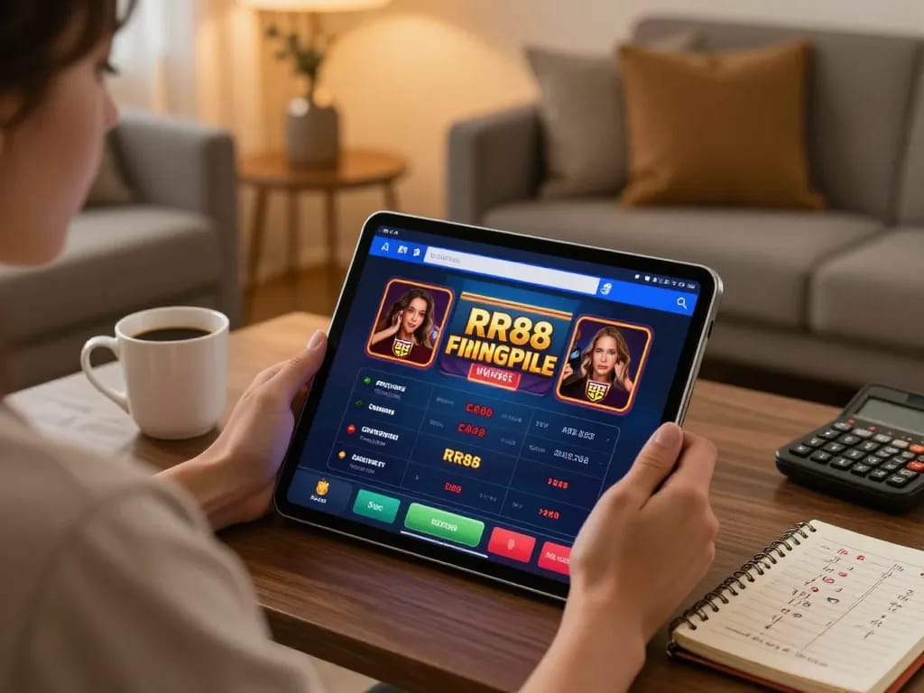Engaging user enjoying RR88 casino app on a tablet in a stylish home setting.