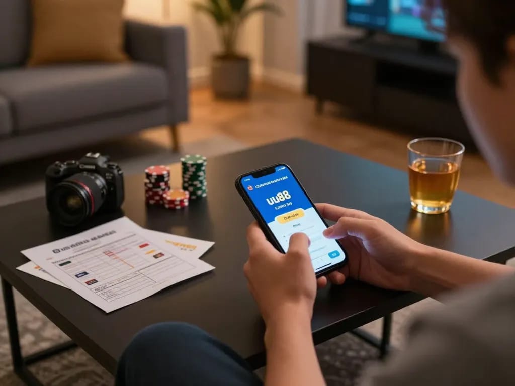 Engaging with link uu88 casino app on smartphone in cozy home setting, focusing on responsible gambling.