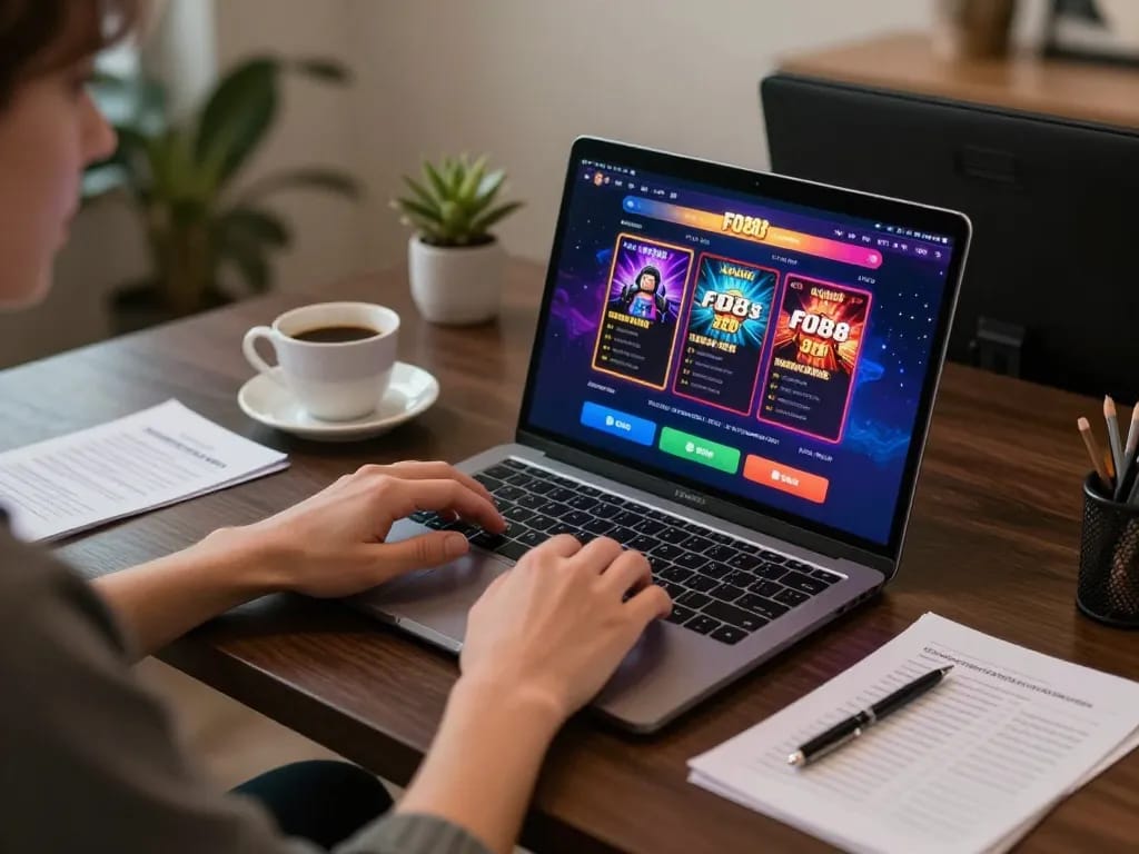 Engaged user playing FO88 online casino game on laptop, showcasing modern gambling setup.