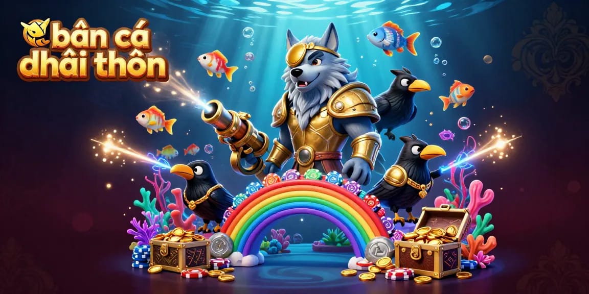 Engage in thrilling bắn cá đổi thưởng action amidst vibrant underwater creatures and treasure in this dynamic scene.