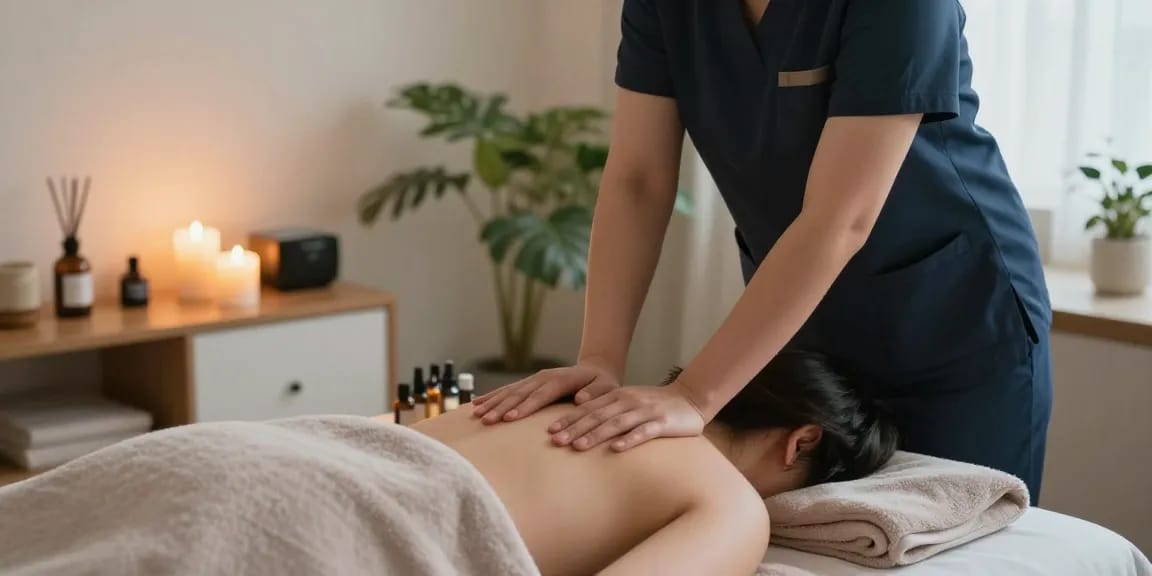 평촌출장마사지 relaxing home atmosphere with professional therapist providing massage care.