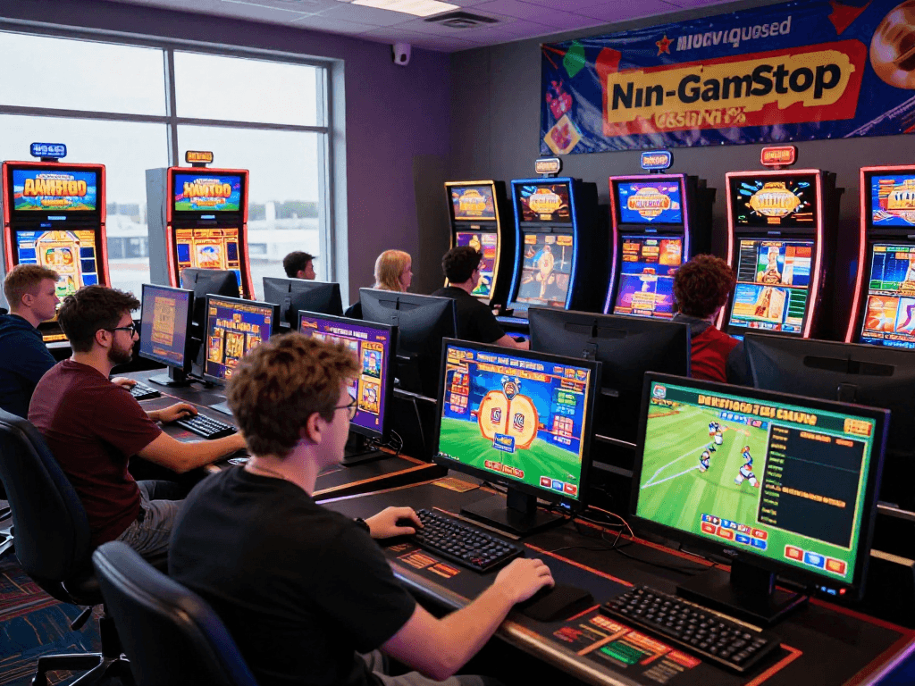 Exciting online casino atmosphere featuring UK players engaging with various games at non-GamStop casinos.