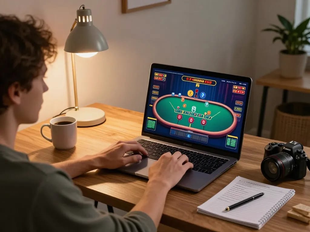 Engaging scene of a player at Luck8 enjoying an online blackjack game in a cozy home setup