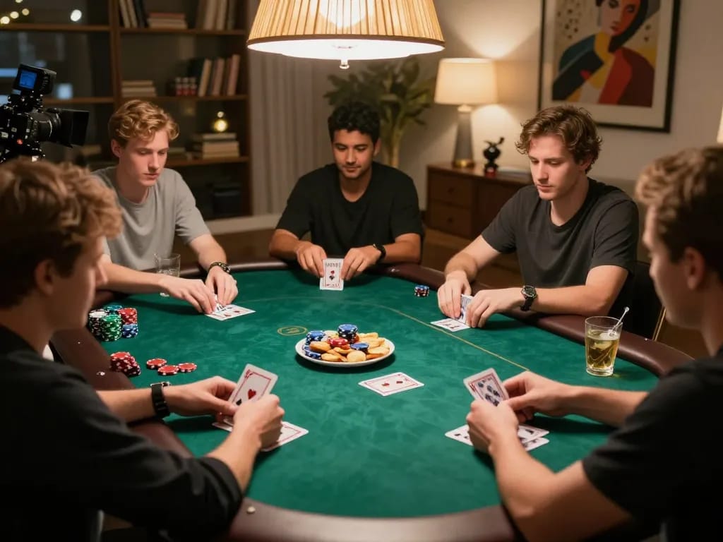 LUCK8 players enjoying an intense poker game in a cozy, warm-lit home setting.