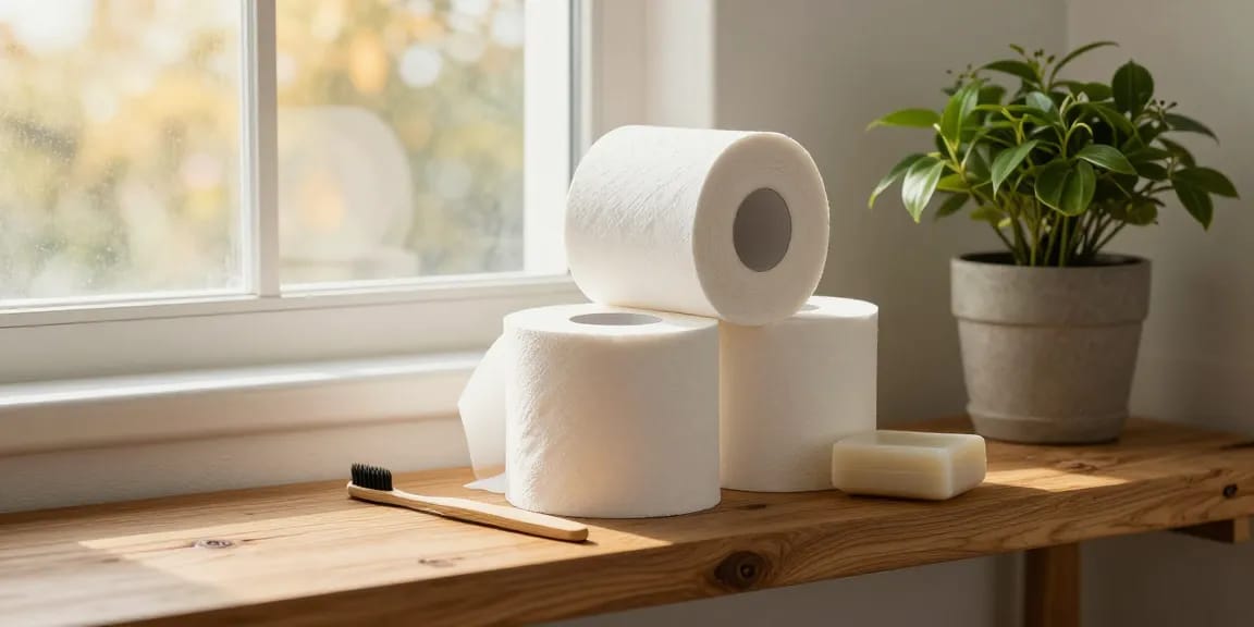Bamboo toilet tissue rolls displayed in an eco-friendly bathroom with plants, showcasing sustainable choices.