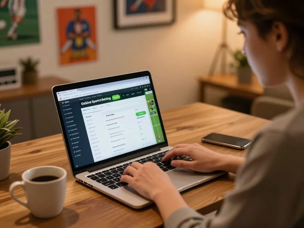 Placing bets on open88 link while engaging in online sports betting in a cozy home office.