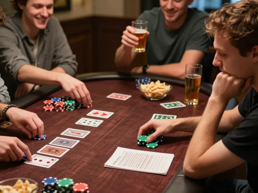 Tỷ lệ kèo trực tuyến being analyzed during a friendly home poker game with players engaged.
