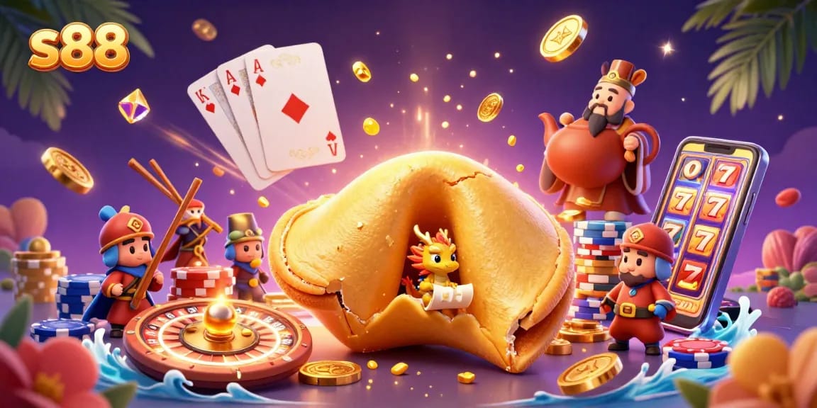 S88 offers an engaging gaming experience with vibrant casino elements and characters, featuring a lucky dragon reading fortunes.