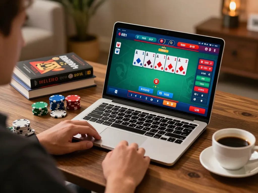 ok365 player analyzing poker hands on laptop for strategic winnings.