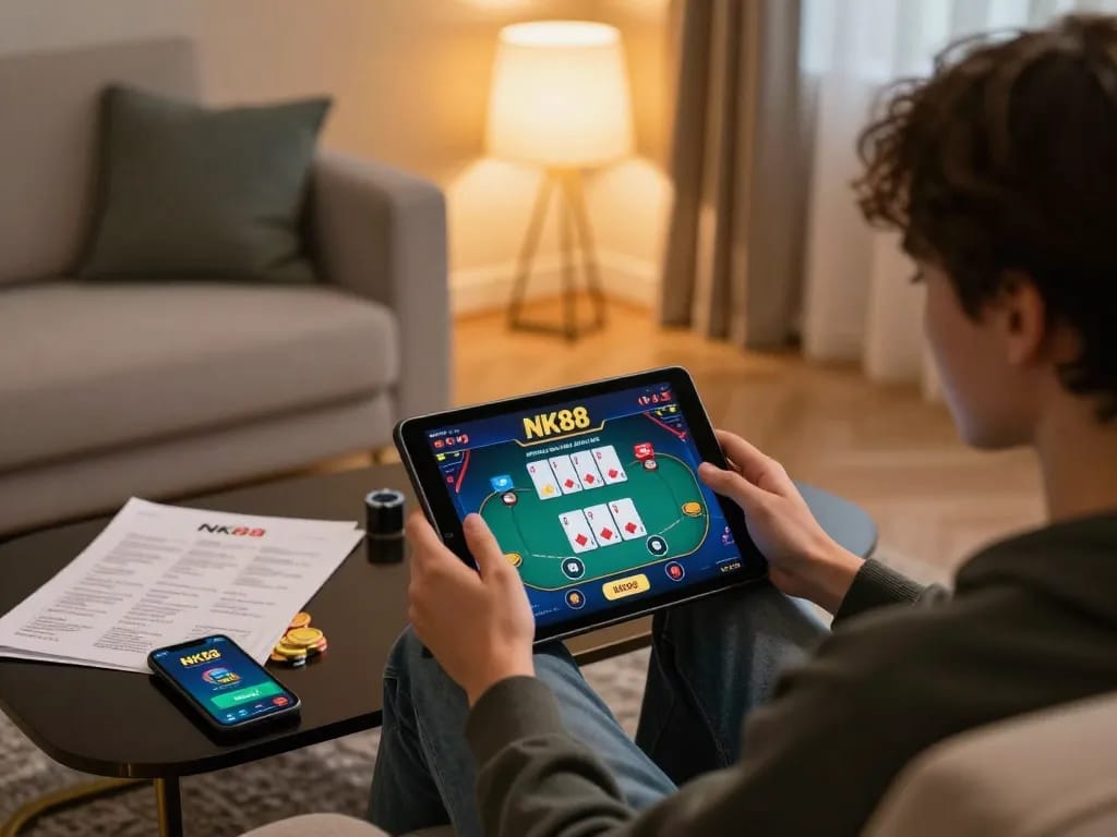 Player engaging with NK88 tablet poker game, showcasing strategic gameplay and relaxed atmosphere
