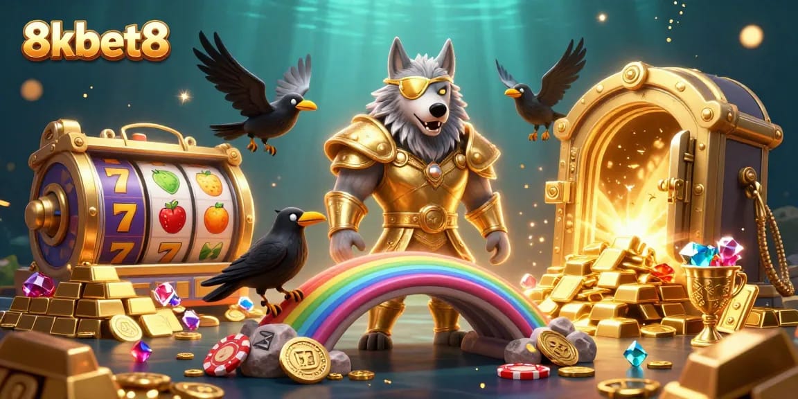 Spin the reels with 8kbet8's vibrant illustration showcasing Odin and ravens amidst a treasure-filled fantasy.