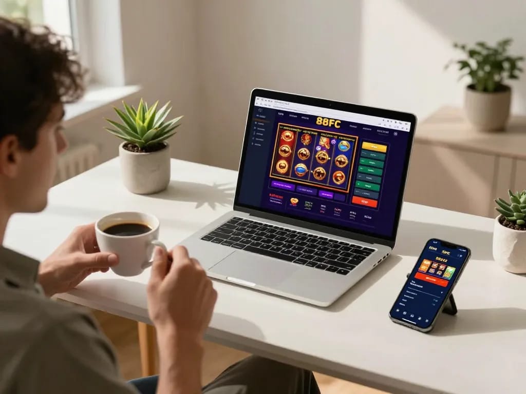 Engaging with the 88FC online casino gaming platform on a sleek laptop at home.