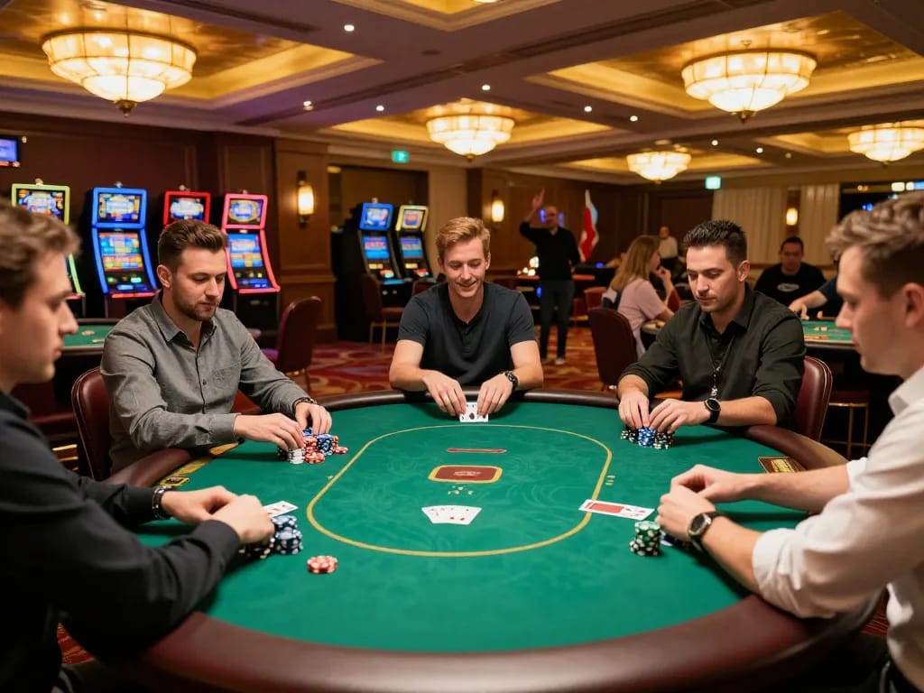 Players at n188 casino celebrate a winning poker hand with excitement and camaraderie.