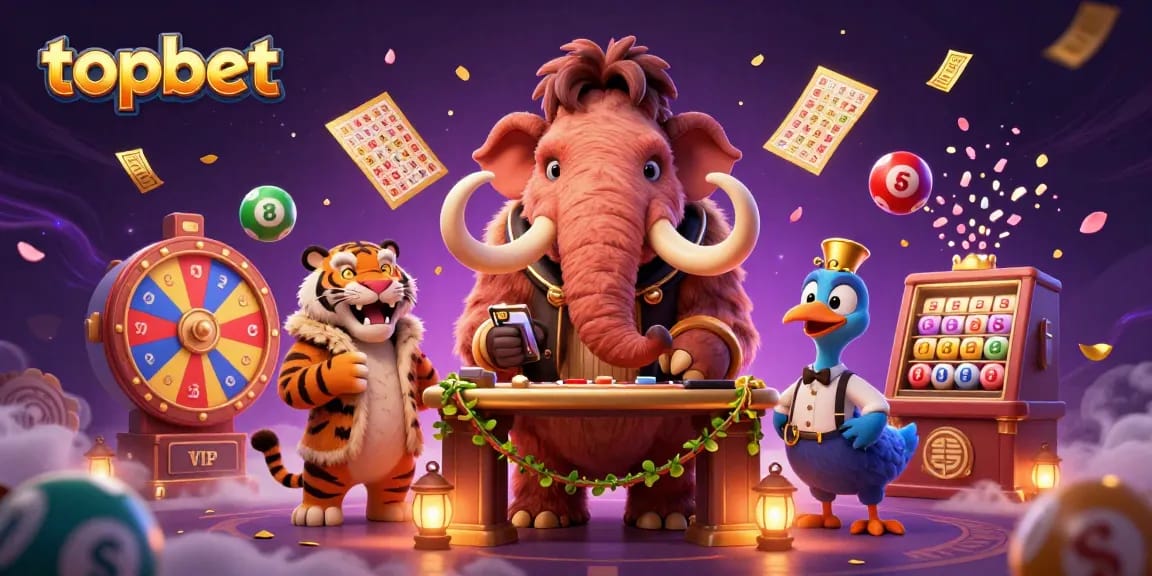 Topbet vibrant casino illustration featuring a woolly mammoth bouncer checking VIPs at a lively entrance.