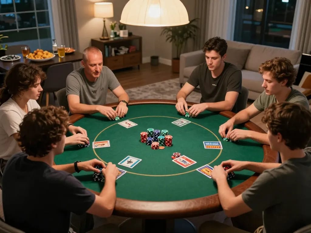 Engaged friends playing poker at home for a thrilling 88aa gaming experience.