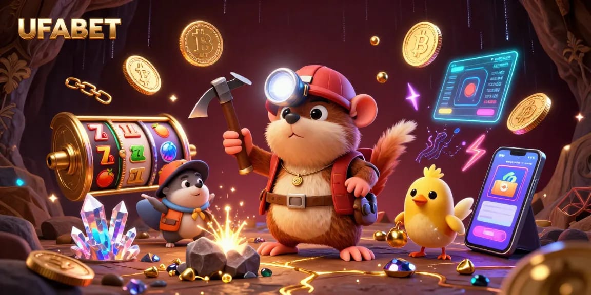 Join the excitement at UFABET with colorful slot elements and dynamic crypto symbols in a vibrant 3D casino scene.