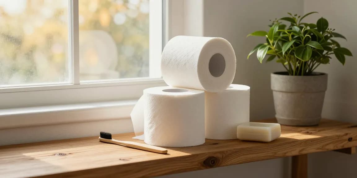 Bamboo toilet tissue rolls displayed in an eco-friendly bathroom with plants, showcasing sustainable choices.