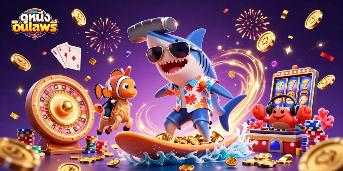 Surf on a wave of gold coins with ดูหนังออนไลน์ฟรี featured in this vibrant casino-themed scene.
