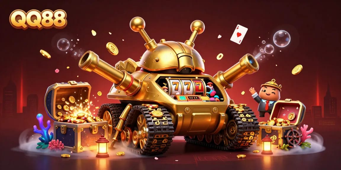 Experience the thrilling QQ88 miniature casino in a vibrant, dynamic scene filled with slots and treasures.