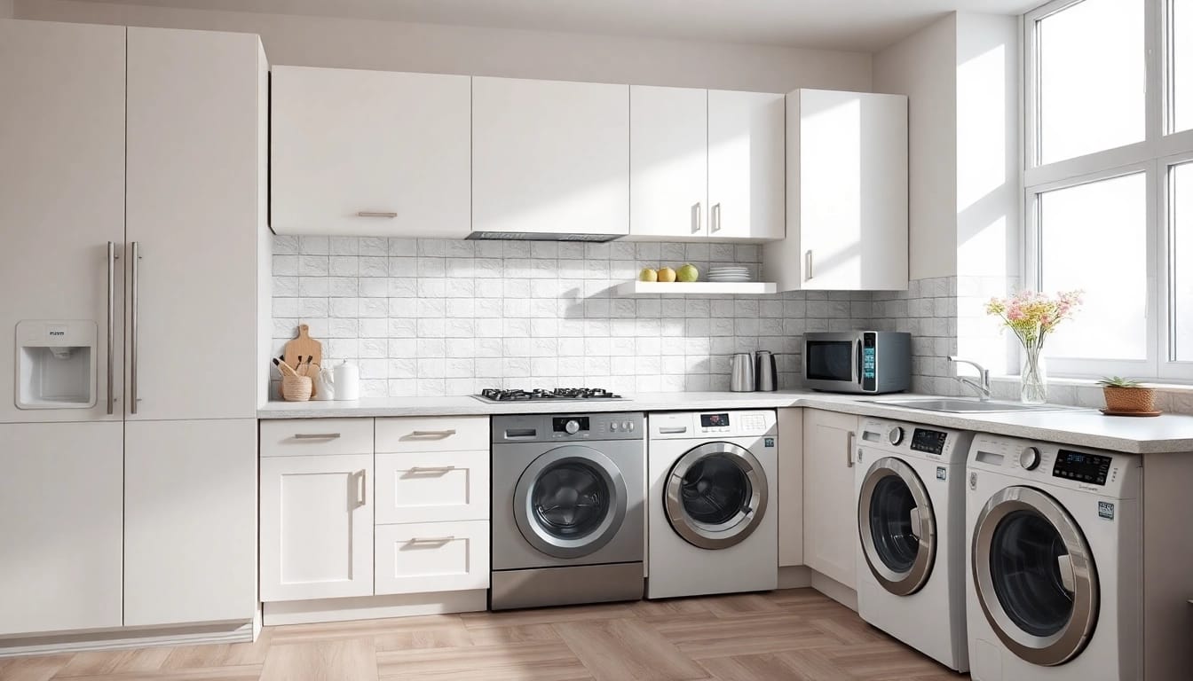Showcase бяла техника with modern dishwashers and washing machines, perfect for a contemporary kitchen.