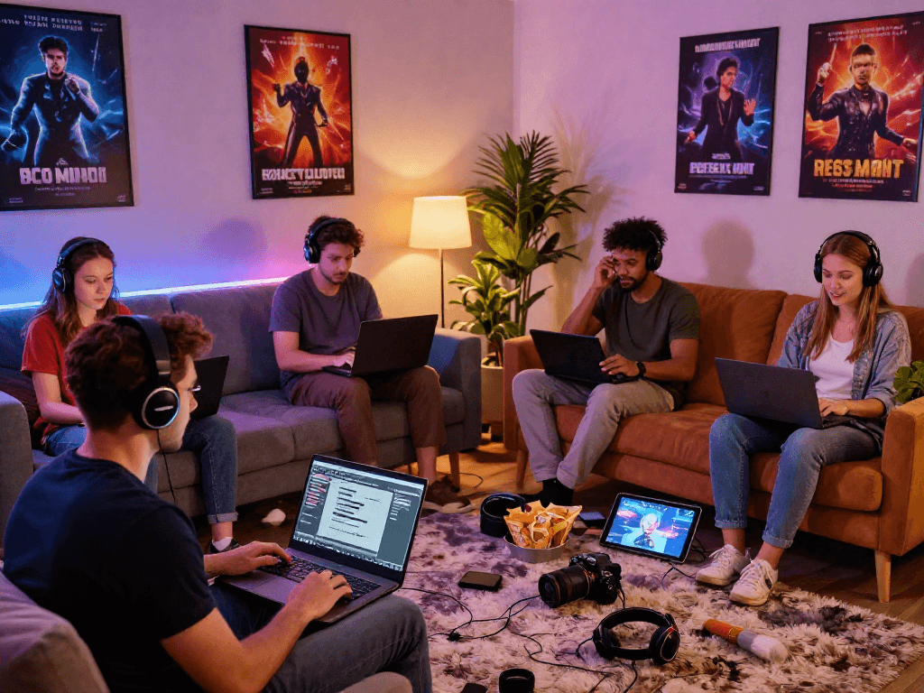 Engaged adults playing real porn games in a cozy gaming lounge with vibrant decor.