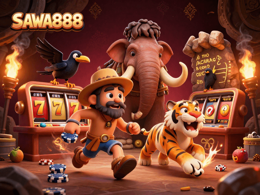 SAWA888 captivates players with a dynamic scene featuring a prehistoric casino run by a caveman, a sabertooth, and a clever crow.