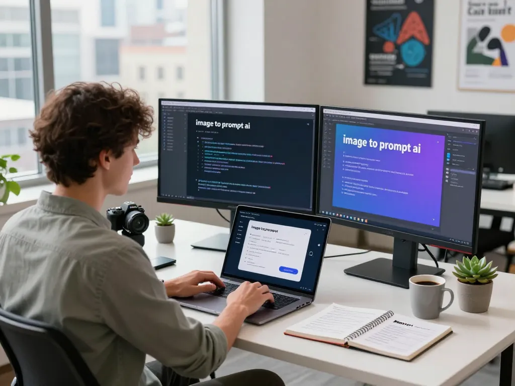 User engaging with the image to prompt ai tool in a modern workspace, showcasing creativity and innovation.