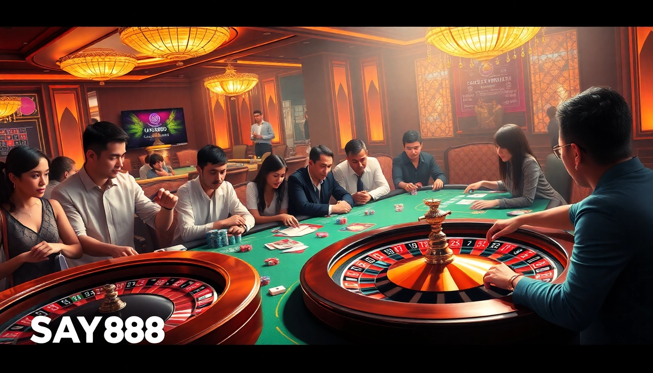 Experience thrilling gameplay at SAY88 with luxurious casino tables, chips, and excited players.