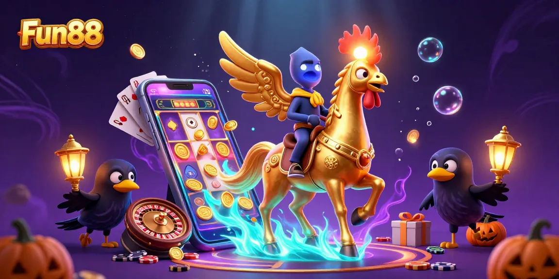 Win big with Fun88 as the golden rooster and friends enjoy a night in a lively casino.
