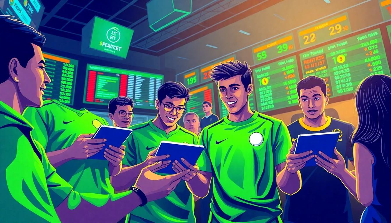 Enthusiastically study tỷ lệ cá cược in a vibrant sports betting environment, filled with bettors and digital devices.
