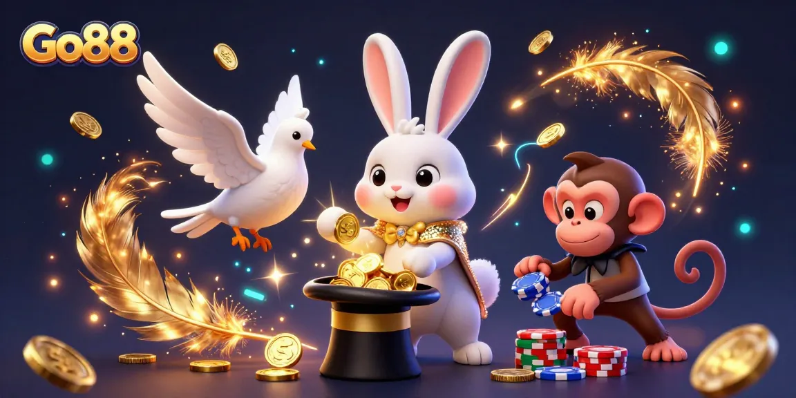 Experience Go88's enchanting casino atmosphere with a magician rabbit, dove, and monkey amidst swirling golden coins.