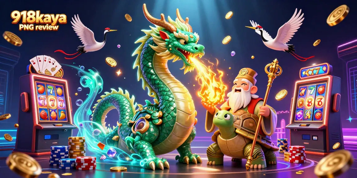 Engage with the ultimate 918kaya PNG review showcasing a jade dragon and slot reels, celebrating casino excitement.
