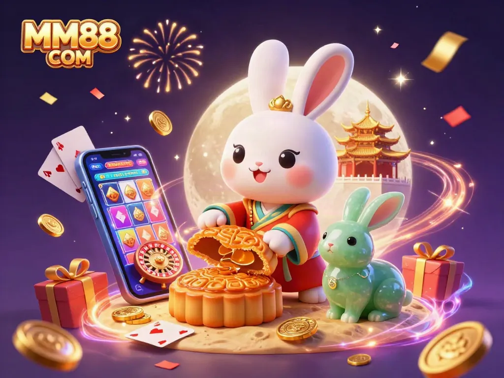 Experience the excitement of MM88 COM with a playful moon rabbit revealing poker chips amidst a vibrant casino scene.