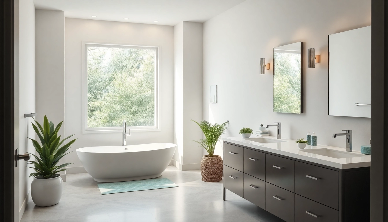 Experience stunning bathroom remodeling showcasing a freestanding tub and dual-sink vanity with elegant fixtures.