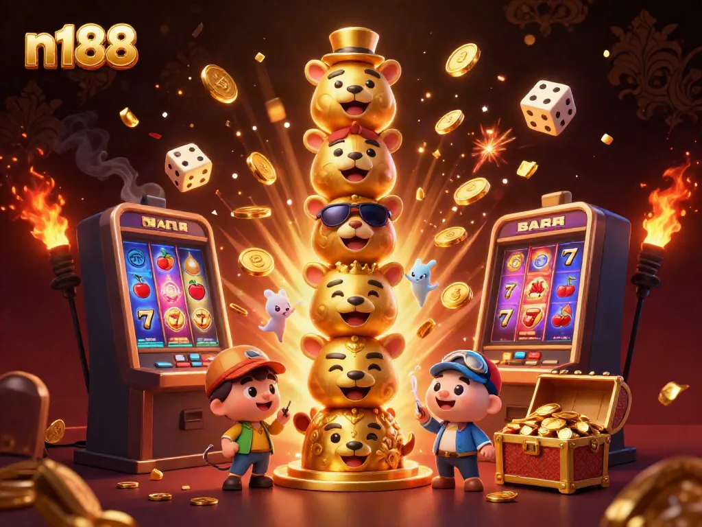 Experience thrilling casino action with n188 surrounded by vibrant slot machine graphics and golden treasures