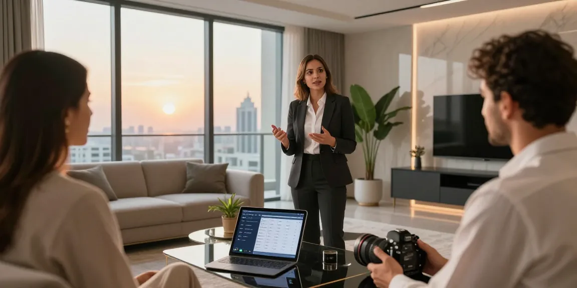 airbnb management expert consulting homeowners in luxurious Dubai apartment, showcasing professional service.
