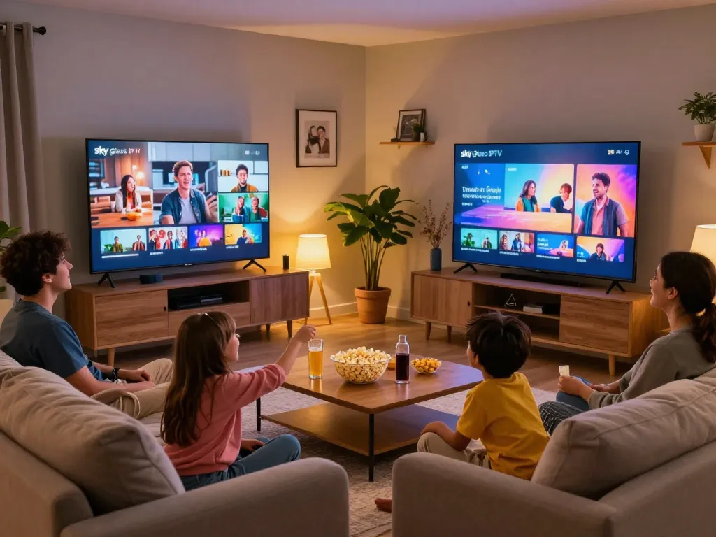 Enjoying family movie night with Sky glass IPTV in cozy 4K quality.