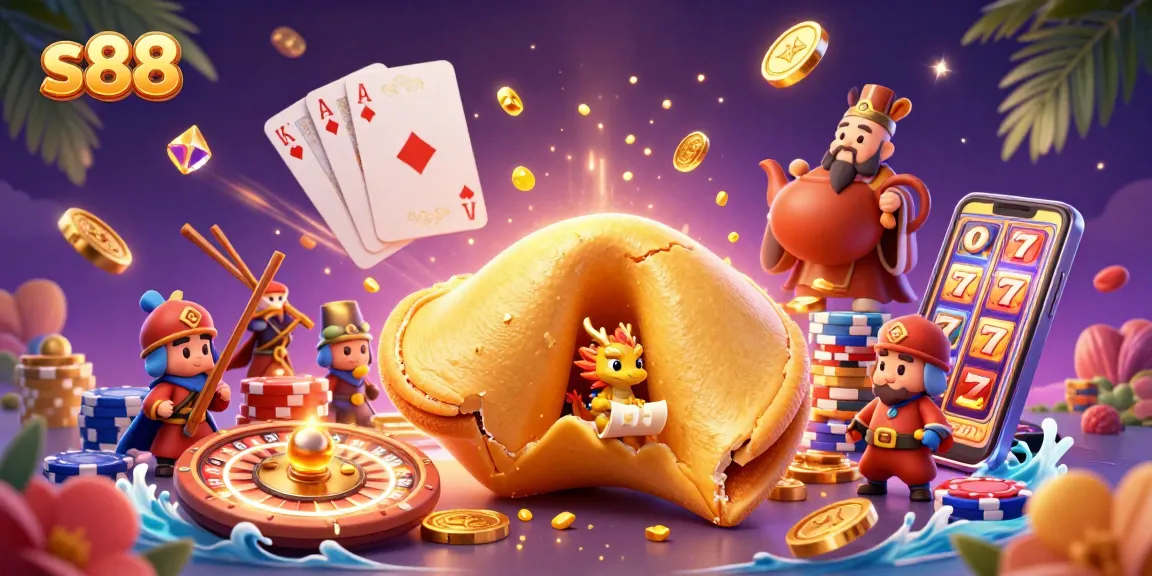 S88 offers an engaging gaming experience with vibrant casino elements and characters, featuring a lucky dragon reading fortunes.