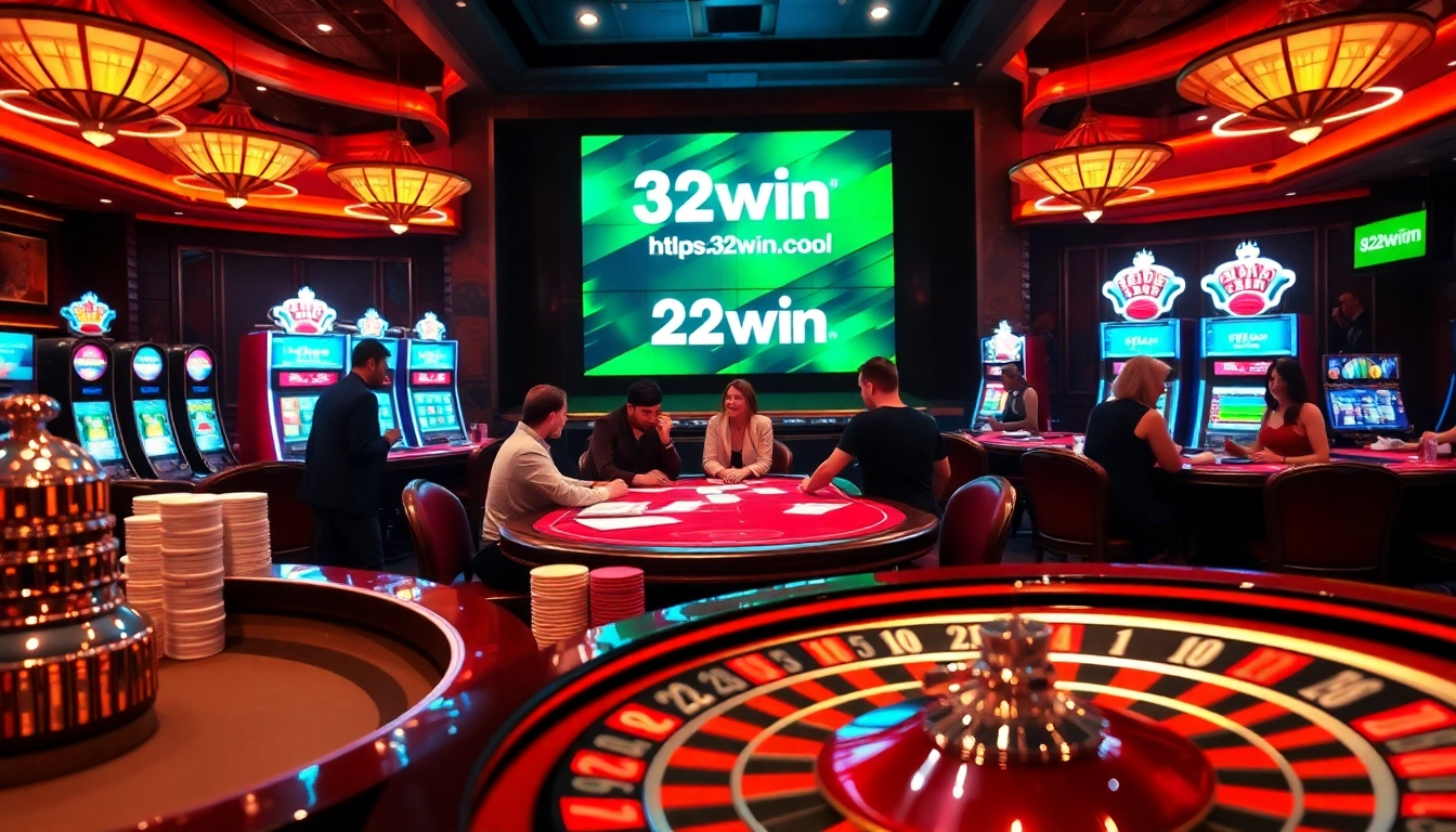 Players enjoy exciting games at https://32win.cool/ casino with vibrant tables and colorful slot machines.
