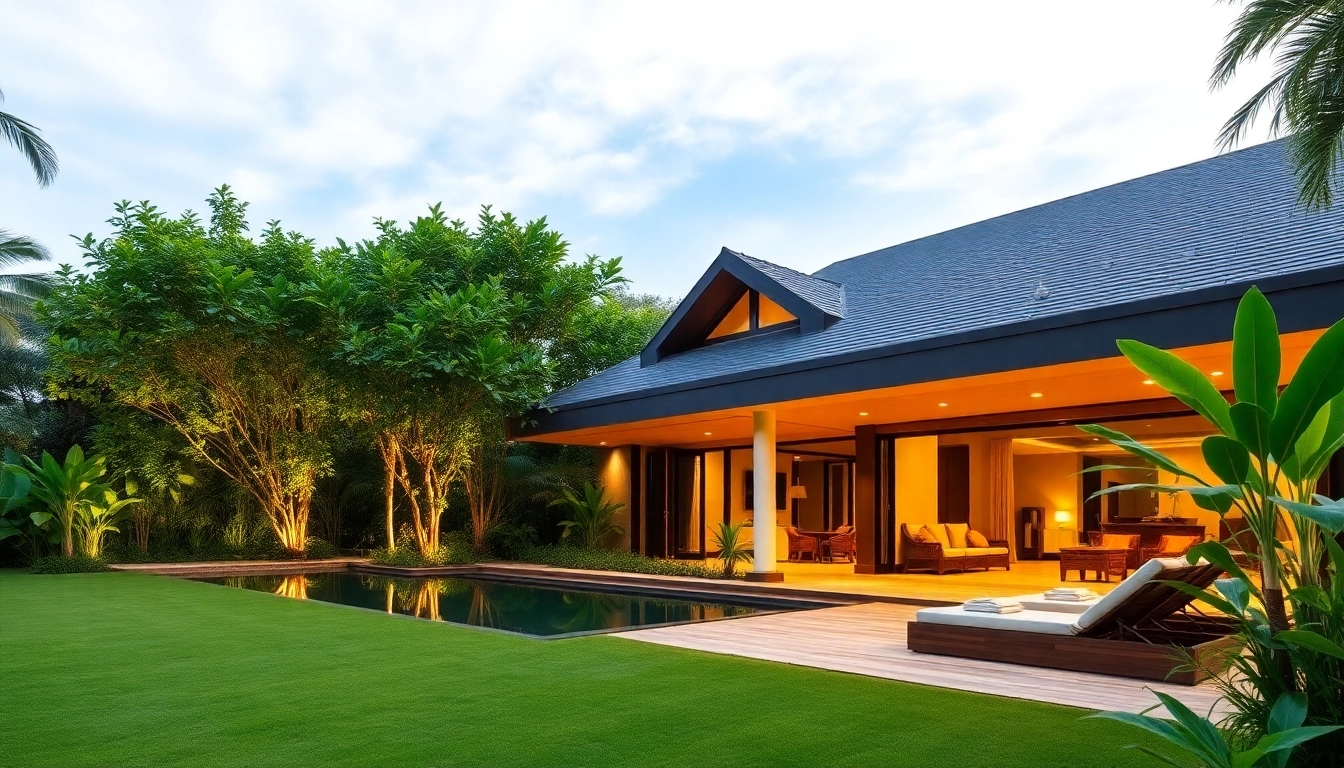 Showcasing villas property management with a serene luxury villa in Phuket surrounded by lush gardens.