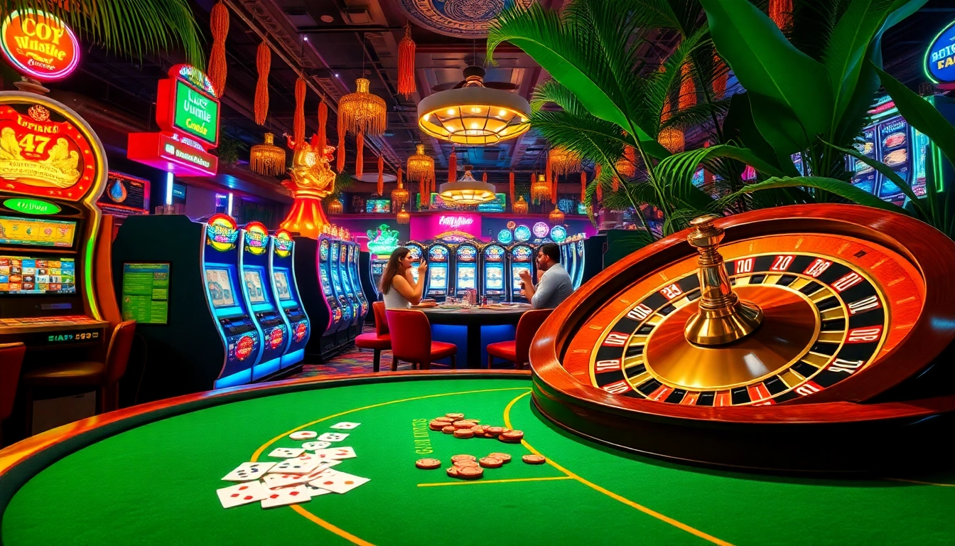 Experience the excitement of the Lucky Jungle casino with bustling players at the slot machines.