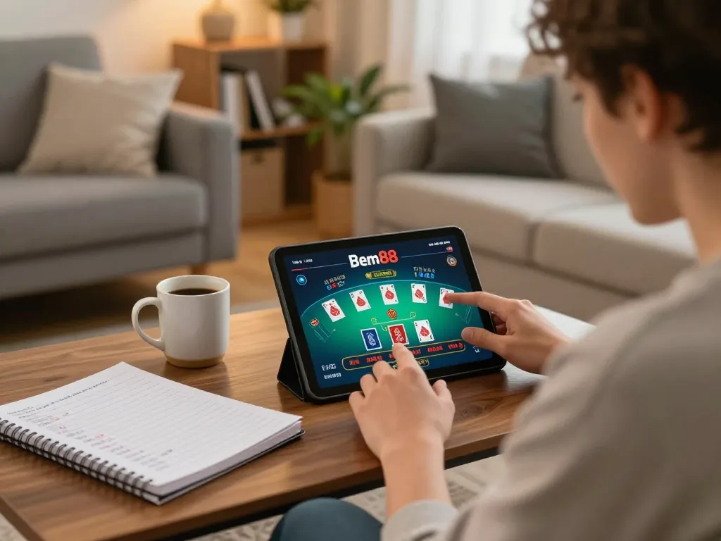 Bem88 player engaged in a live dealer blackjack game on a tablet in a cozy home environment