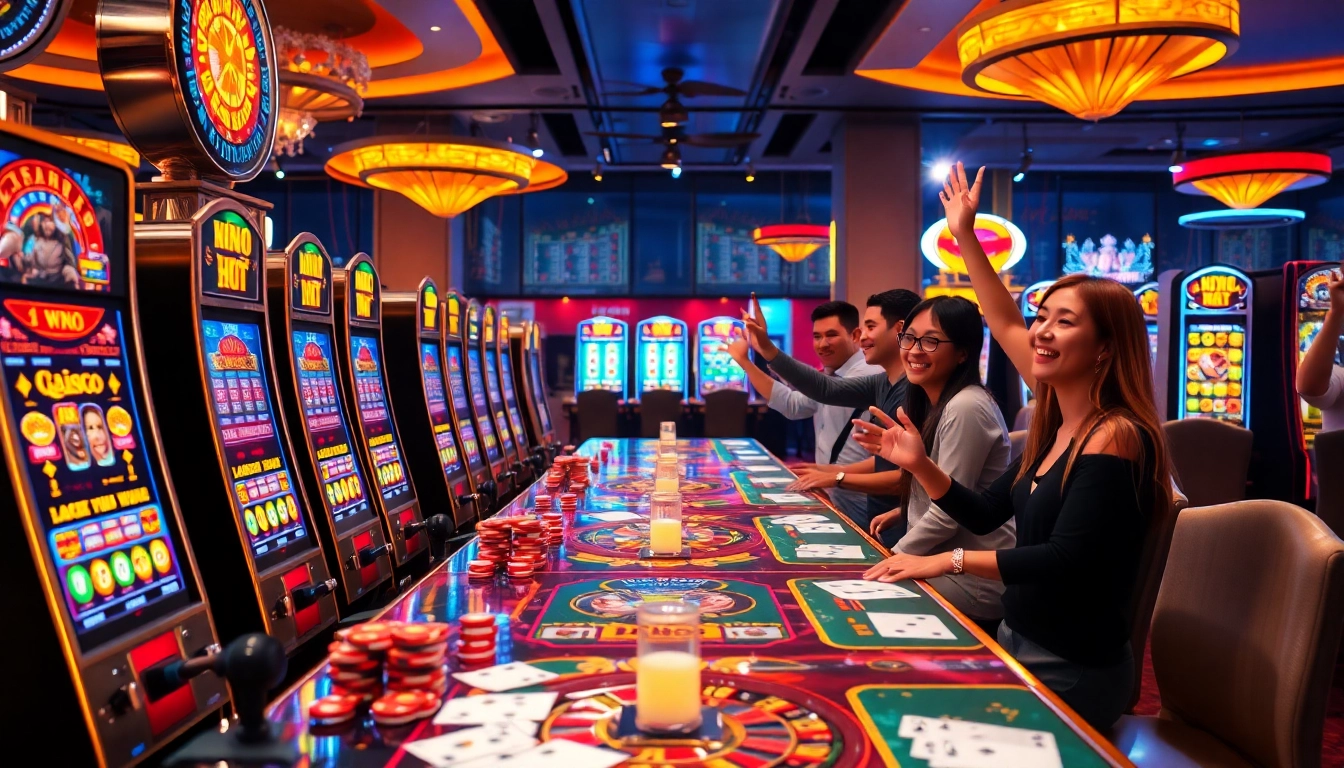 A group of excited players enjoying a nổ hũ game at a busy casino, celebrating their wins amid vibrant slot machines.