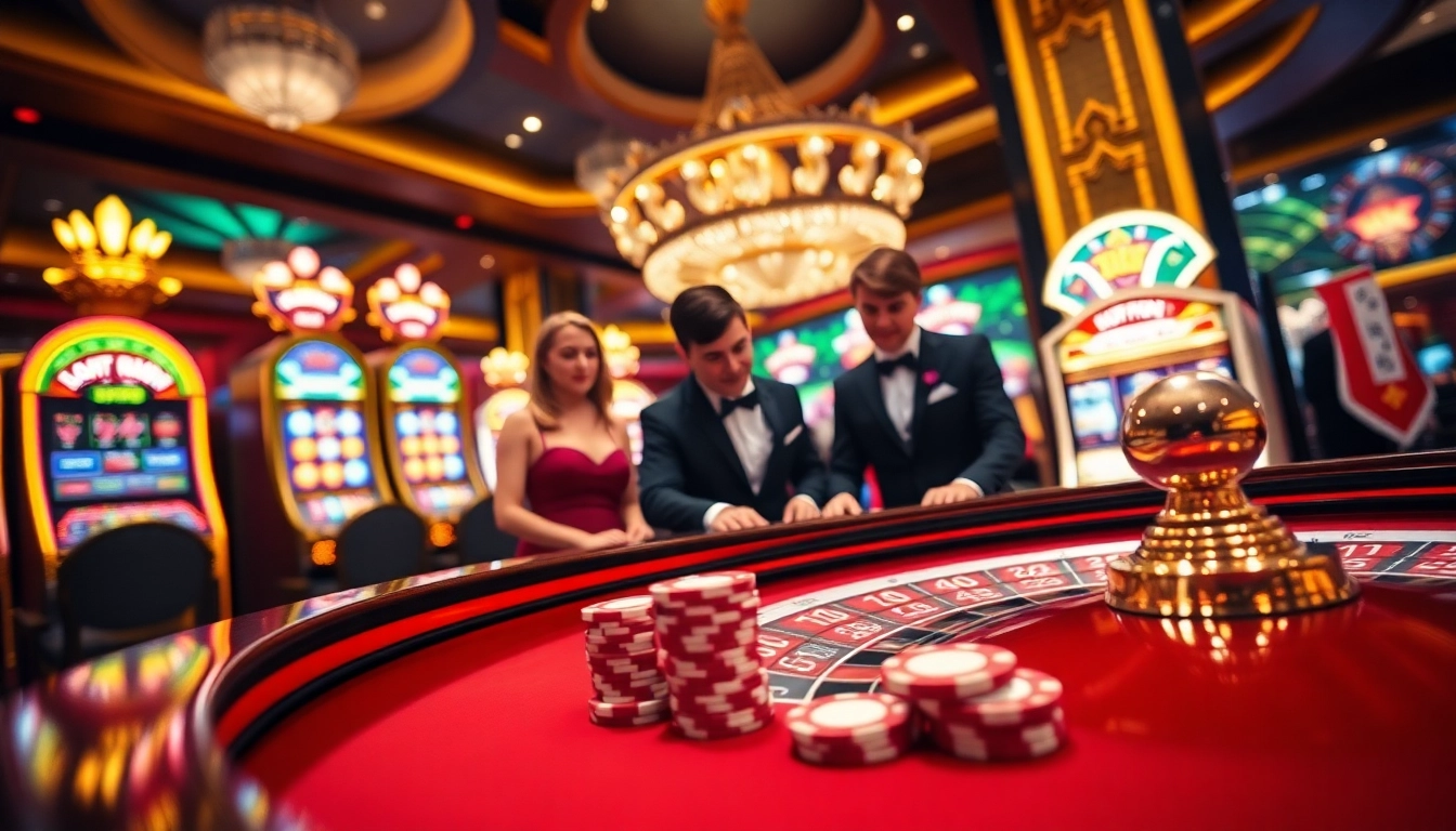 win55 casino players engaging in intense gambling at a roulette table with vibrant slot machines
