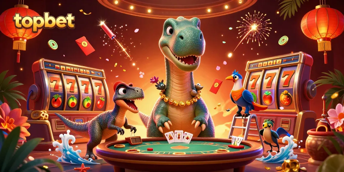 Experience topbet excitement with a brontosaurus at a lively casino scene.