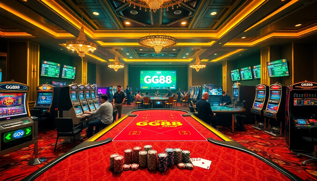 GG88 gaming table with vibrant poker chips and active players enjoying thrilling casino games.