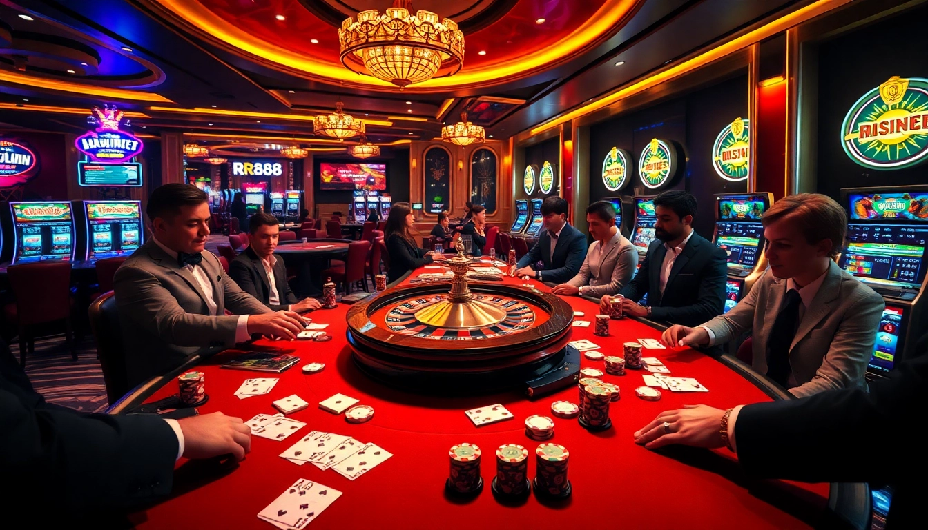 Engaging gamblers with thrilling RR88 casino experience featuring roulette and poker tables.