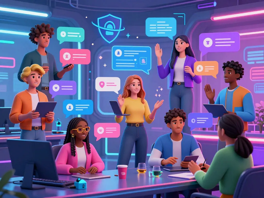Engaging scene with NSFW character AI avatars in a futuristic virtual chatroom, showcasing dynamic interactions and vibrant atmosphere.